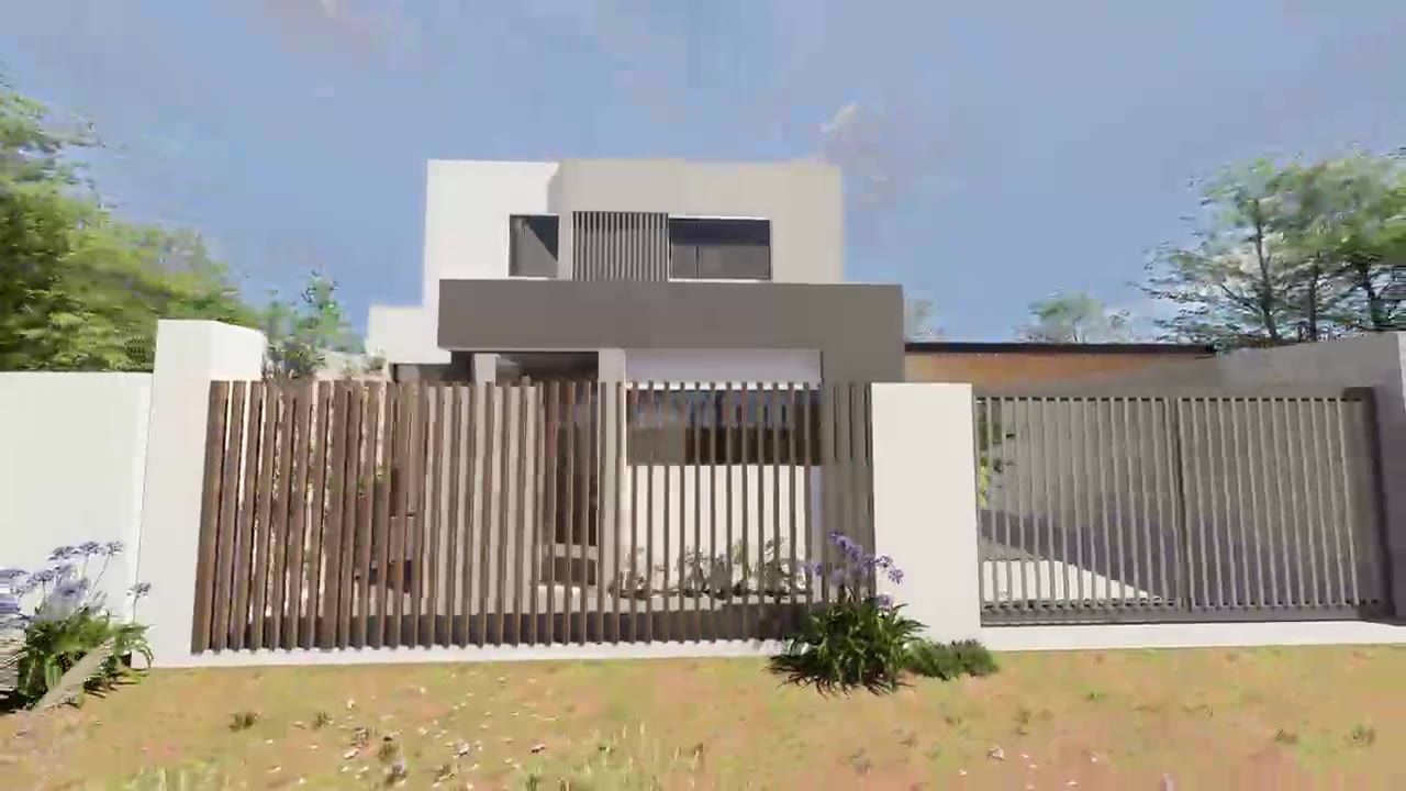 Render 3D del frente de una vivienda de dos plantas con cerco de listones de madera